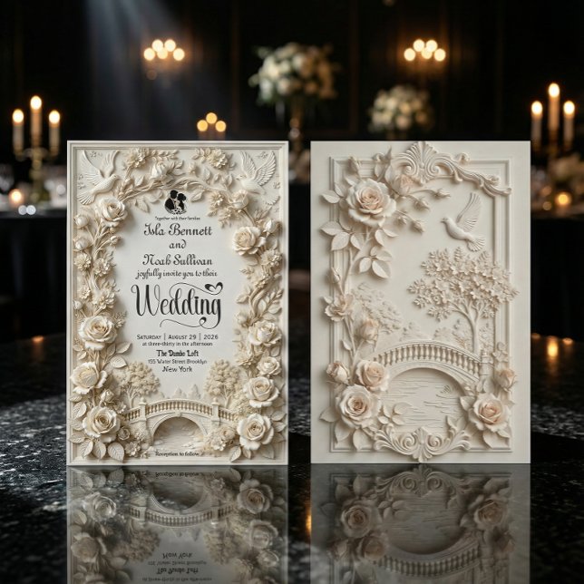 Convites Embossed Faux Stone Romantic Black-Tie Wedding (Criador carregado)