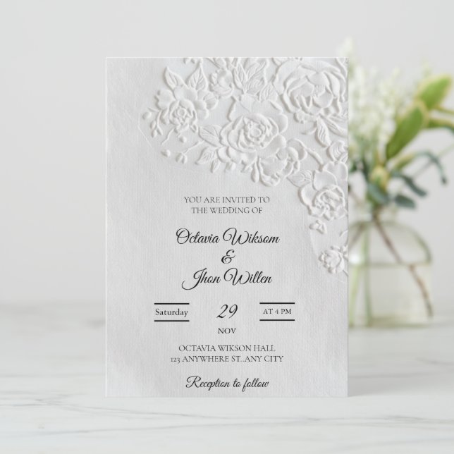 Convites Embossed Roses Deckled Edge Sage Wedding (Em pé/Frente)