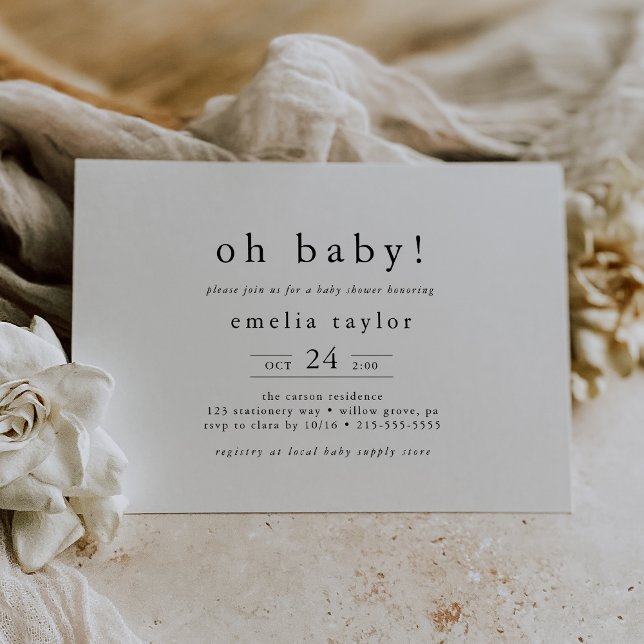 Convites EMELIA Black White Boho Simples Oh Baby Chá de fra (EMELIA Black White Boho Simple Oh Baby Baby Shower Invitation)