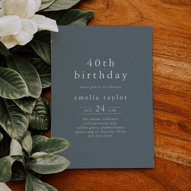 Convites EMELIA Winter Minimalist Dusty Blue aniversário de (EMELIA Winter Minimalist Dusty Blue 40th Birthday Invitation)