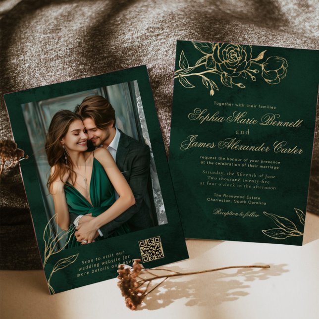 Convites Emerald and Gold Elegant Botanical Photo Wedding (Criador carregado)