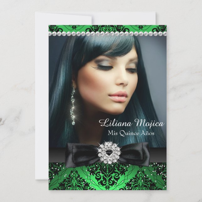 Convites Emerald Black Diamond Arco & Damask Quinceanera (Frente)