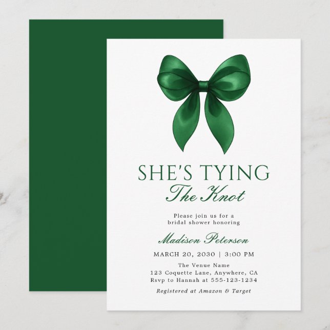 Convites Emerald Bow She's Tying the Knot Bridal Shower (Frente/Verso)