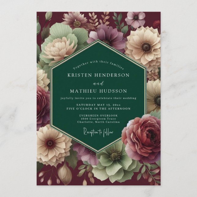 Convites Emerald Burgundy Dramatic Bloom Wedding (Frente)
