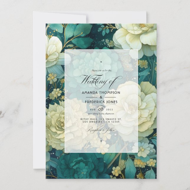 Convites Emerald, Cream e Dourado Casamento Floral (Frente)