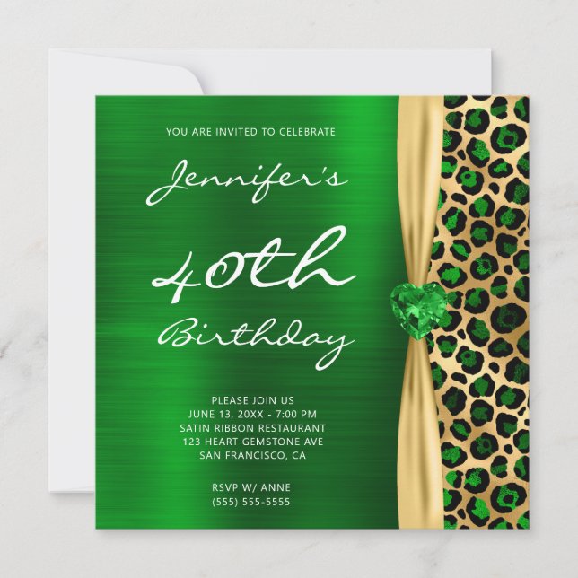 Convites Emerald Dourado Leopard Foil Gem Ribbon aniversári (Frente)