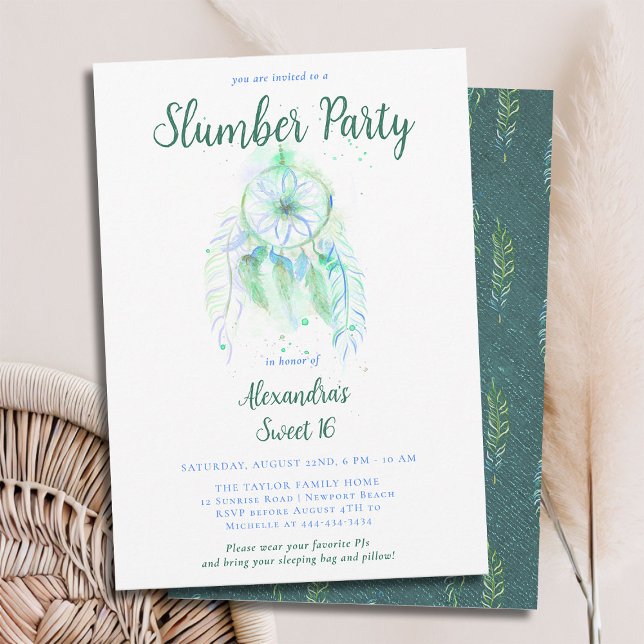 Convites Emerald Dream Catcher Slumber Partido PJ Sweet 16 (sweet 16 slumber party invitation birthday pj sleep over dreamcatcher emerald green watercolor boho)