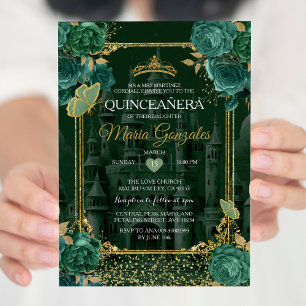 Convites Emerald Floral Green Quinceañera Butterfly