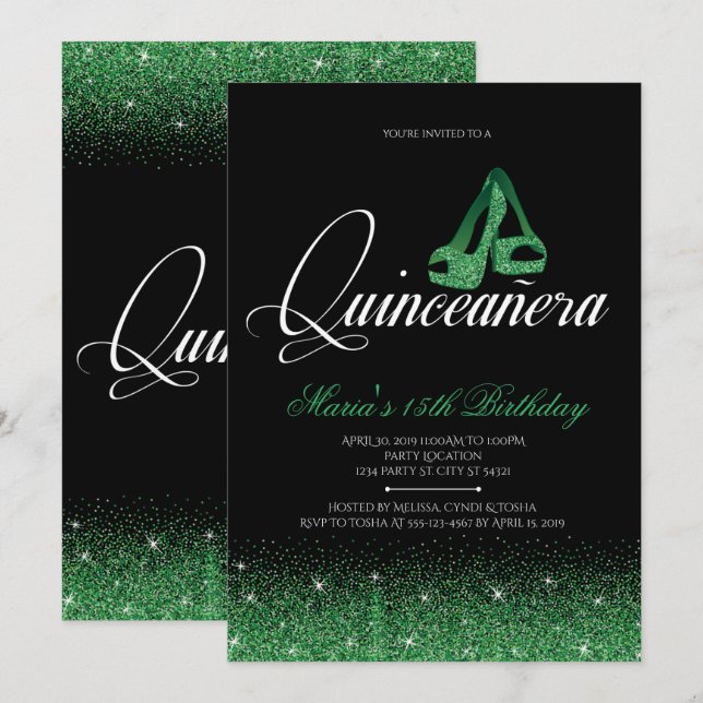 Convites Emerald Glitter, Quinceanera (Frente/Verso)