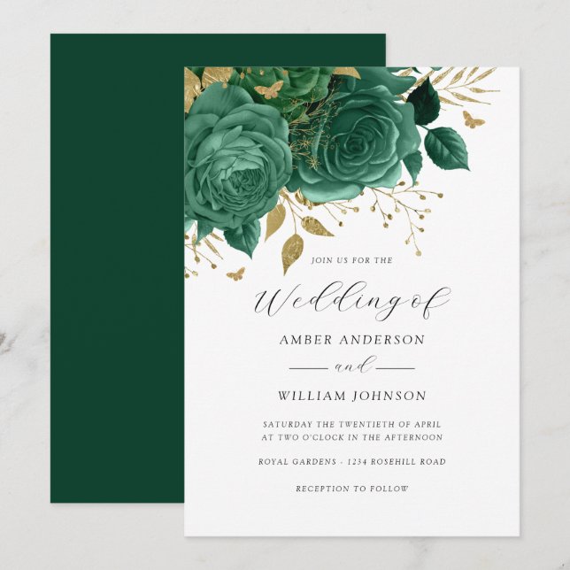 Convites Emerald Gold Floral Rose Wedding   (Frente/Verso)