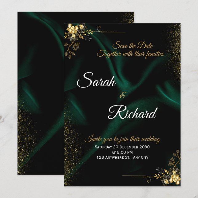 Convites Emerald Gold Luxury Wedding Invitation (Frente/Verso)