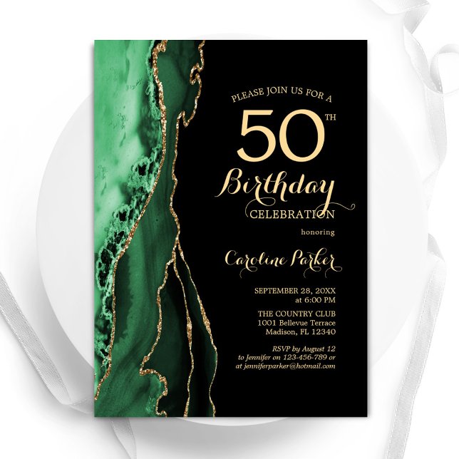 Convites Emerald Green Agate Dourado Black 50º aniversário (Criador carregado)