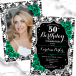 Convites Emerald Green Black Damask Foto 50º aniversário<br><div class="desc">Elegante convite floral feminino de 50 anos com sua foto no final do cartão. Design verde esmeralda preto brilhante com prata brilhante. Apresenta cor damasco preta e branca, rosas verdes, fonte de script e confetti. Perfeito para uma festa de comemoração de na moda adulto. Personalize com seus próprios detalhes. Pode...</div>