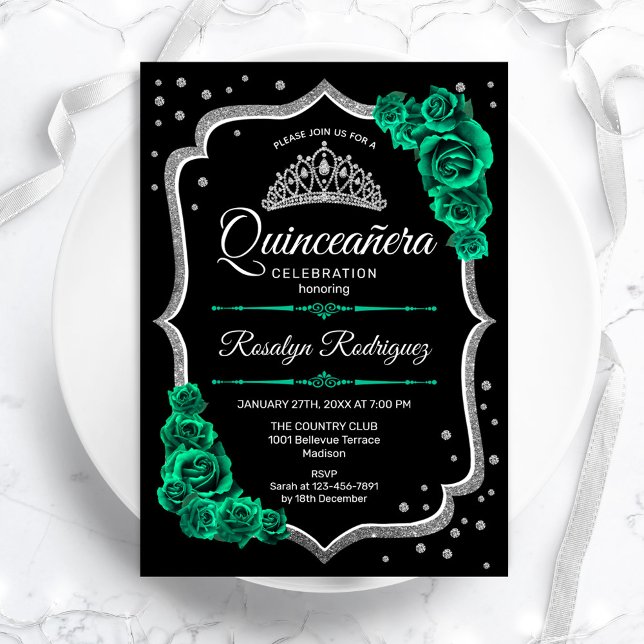 Convites Emerald Green Black Silver Elegante Quinceanera (Criador carregado)