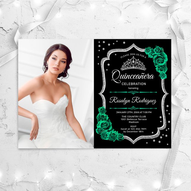 Convites Emerald Green Black Silver Photo Quinceanera (Criador carregado)