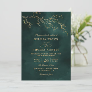 Convites Emerald Green Botanical Elegant QR Code Wedding