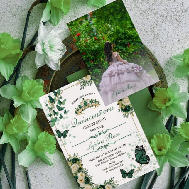 Convites Emerald Green Butterfly Quinceañera Photo Invite (Criador carregado)