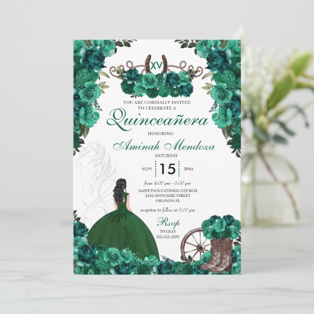 Convites Emerald Green Charra Floral Boots Quinceañera (Em pé/Frente)