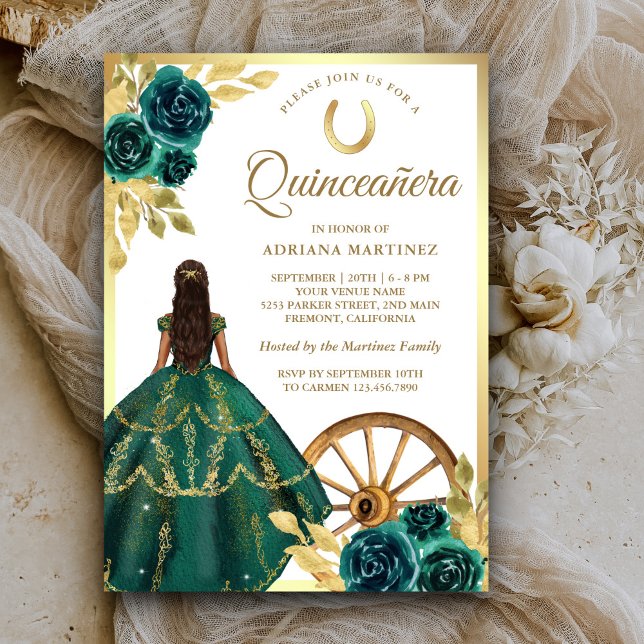 Convites Emerald Green Charro Vestido Floral Dourado Quince (Criador carregado)
