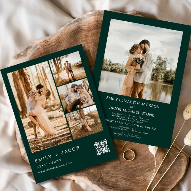 Convites Emerald Green Cinco 5 Foto Código QR Casamento (Criador carregado)