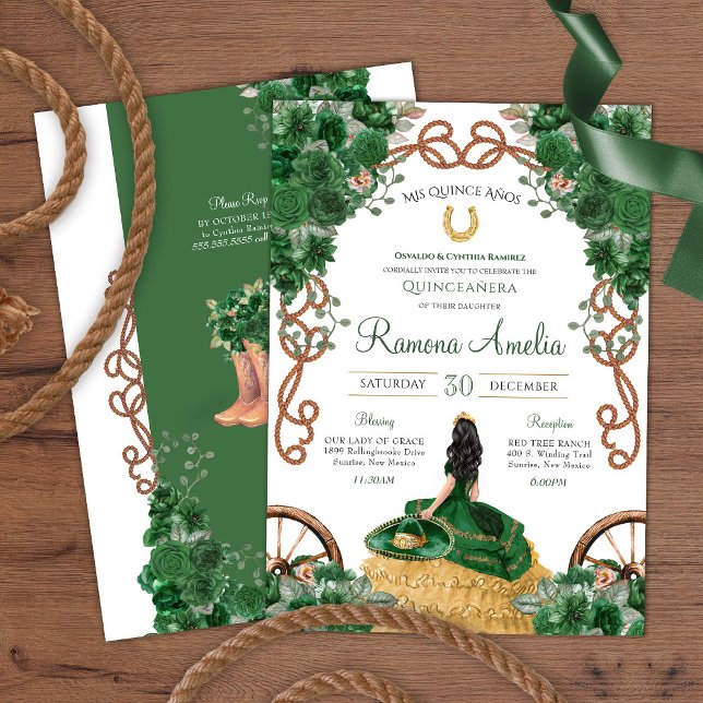 Convites Emerald Green Country Western Charro Quinceañera (Criador carregado)