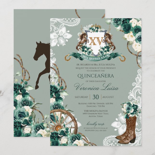 Convites Emerald Green Crest Western Charro Quinceanera (Frente/Verso)