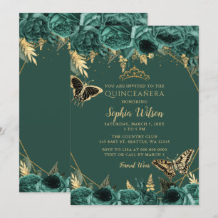 Convites Emerald Green Dourada Borboleta Floral Quinceañer