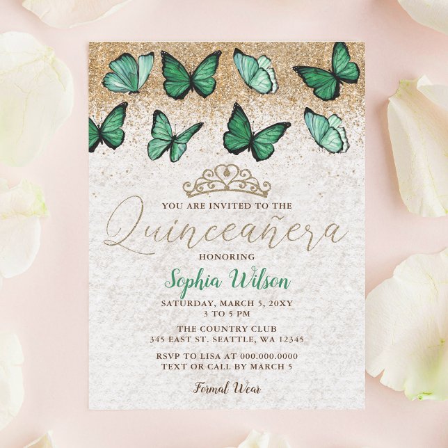 Convites Emerald Green - Dourada Borboleta Glitter Quinceañ (Emerald Green Gold Glitter Butterfly Quinceañera Invitation)