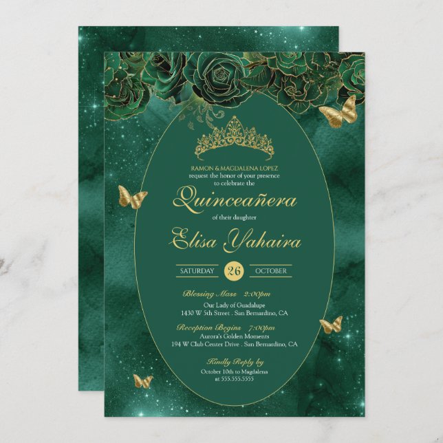 Convites Emerald Green Dourada Butterfly Quinceanera (Frente/Verso)