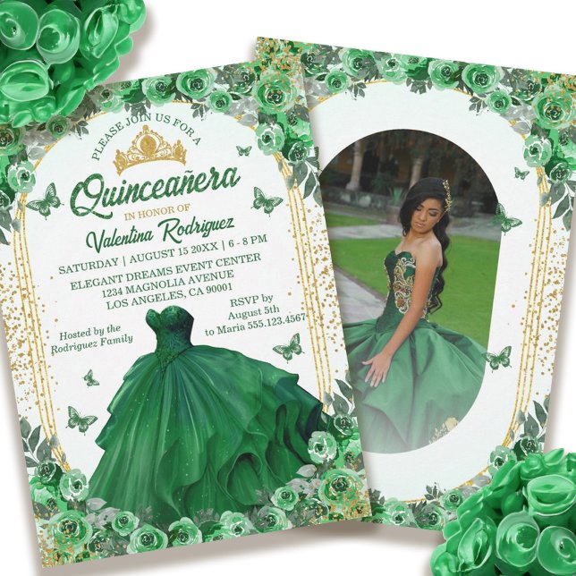Convites Emerald Green Dourada Glitter Floral Quinceanera (Emerald Green Gold Glitter Floral Quinceanera Invitation)