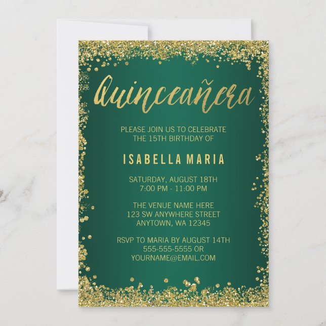 Convites Emerald Green Dourada Glitter Quinceanera 15 (Frente)