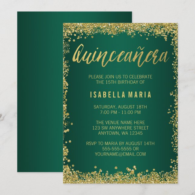 Convites Emerald Green Dourada Glitter Quinceanera 15 (Frente/Verso)
