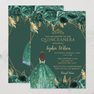 Convites Emerald Green Dourada Princesa Floral Quinceañera