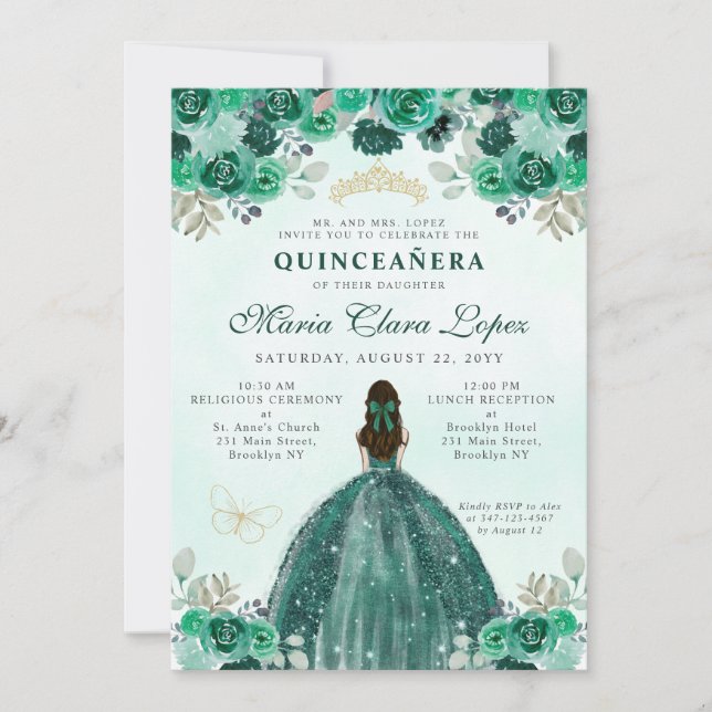 Convites Emerald Green Dourada Princesa Floral Quinceañera (Frente)