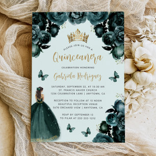Convites Emerald Green Dourada Princesa Floral Quinceañera
