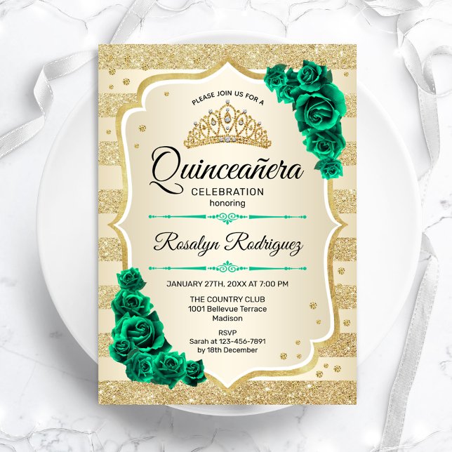 Convites Emerald Green Dourada Quinceanera Floral (Criador carregado)