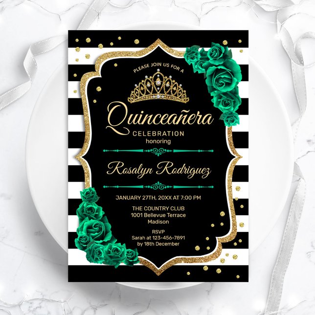 Convites Emerald Green Dourado Black Elegante Quinceanera (Criador carregado)