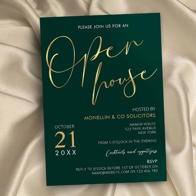 Convites Emerald Green & Dourado Elegant Business Open Hous (Professional company open house event green and gold calligraphy invitations for business)