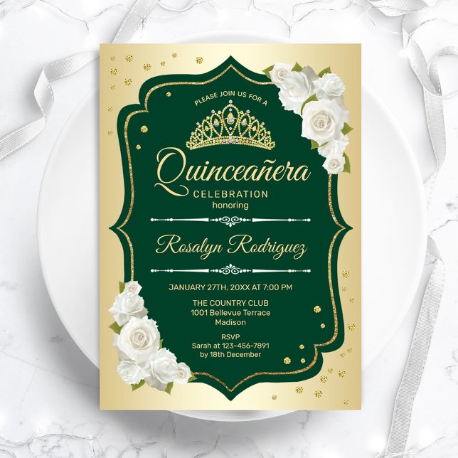 Convites Emerald Green Dourado Elegante Quinceanera (Criador carregado)