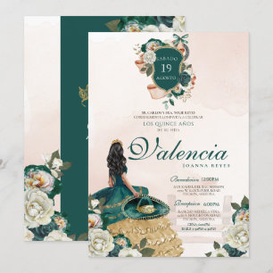 Convites Emerald Green Dourado Floral Crest Charro Quincean