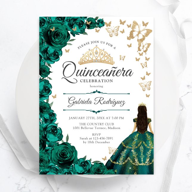 Convites Emerald Green Dourado Floral Quinceanera (Criador carregado)