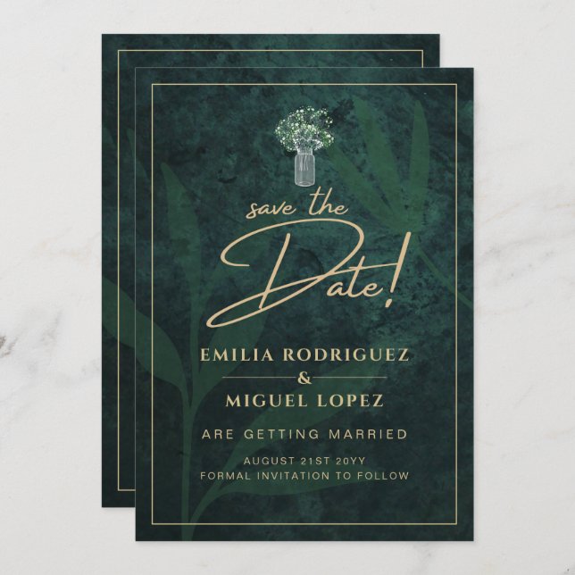 Convites Emerald Green Dourado Gypsophila SAVE DATE (Frente/Verso)