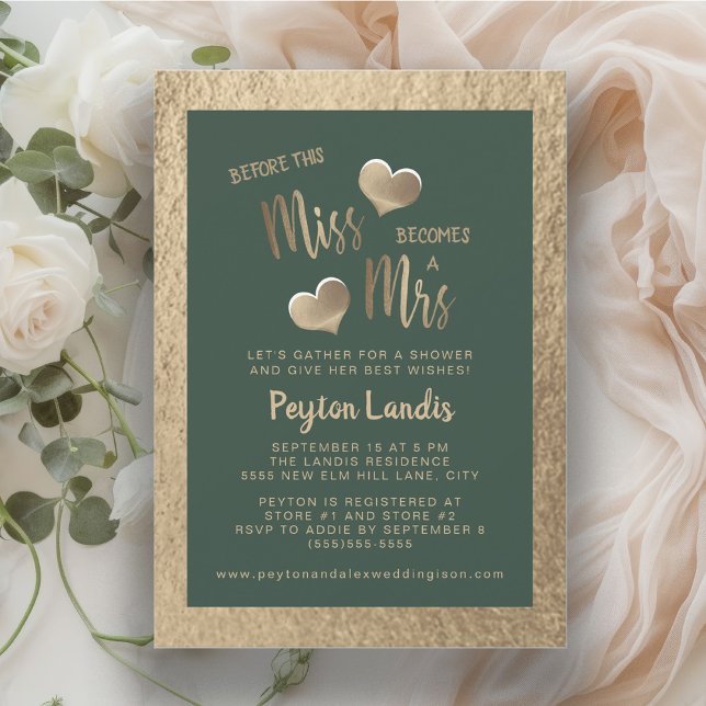 Convites Emerald Green Dourado Hearts Miss Sra. Chá de pane (Miss to Mrs. emerald green and gold bridal shower invitation)