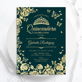 Convites Emerald Green Dourado Rosas Borboletas Quinceanera