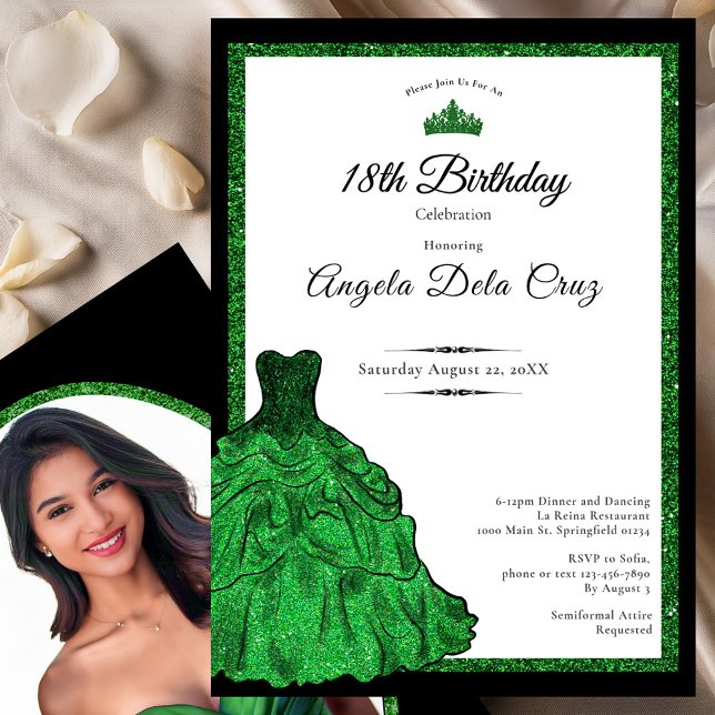 Convites Emerald Green Dress and Tiara 18th Birthday Debut  (Criador carregado)