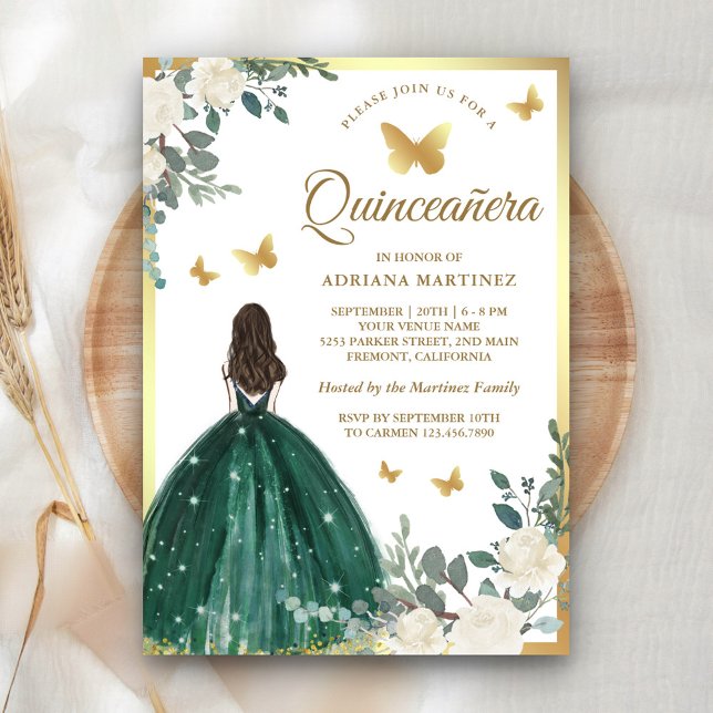 Convites Emerald Green Dress Butterfly Dourada Quinceanera (Criador carregado)