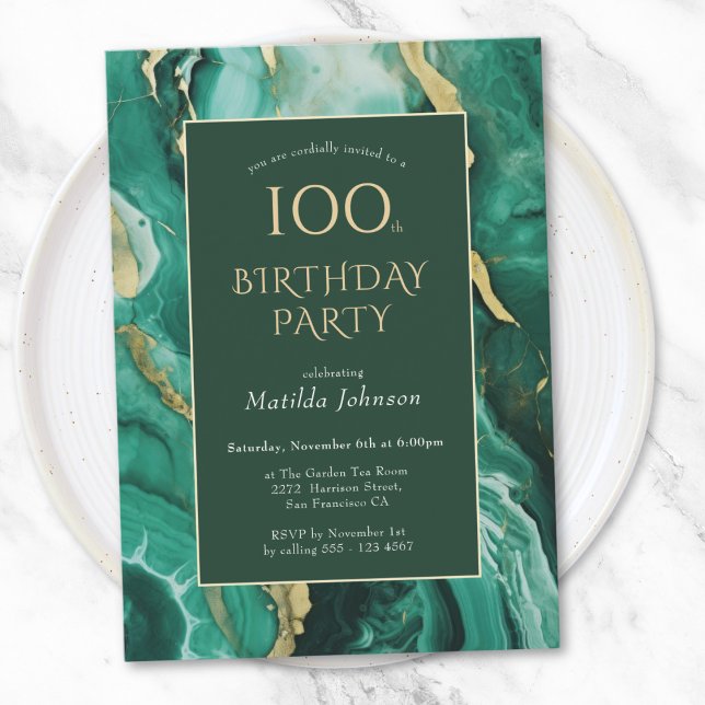 Convites Emerald Green e Agate Dourado 100º Aniversário (Emerald Green and Gold Agate 100th Birthday Invitation)