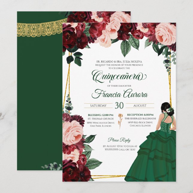 Convites Emerald Green e Burgundy Quinceanera Floral Rosa (Frente/Verso)