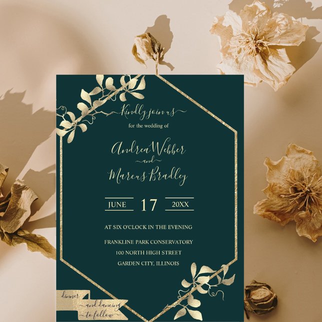 Convites Emerald Green e Champagne (Elegant emerald green and Champagne gold modern invitation)