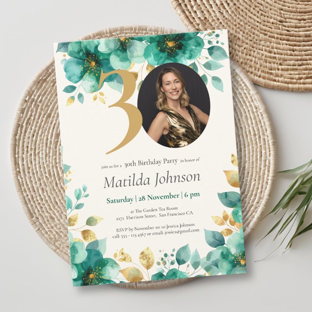 Convites Emerald Green e Dourada aniversário de 30 anos Flo (Emerald Green and Gold Floral 30th Birthday Invitation)